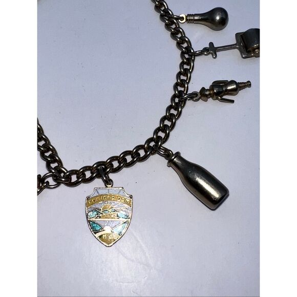 Vintage Charm Bracelet 11 Charms Travel Lamp Mower Football Telephone Light Bulb - Picture 4 of 7